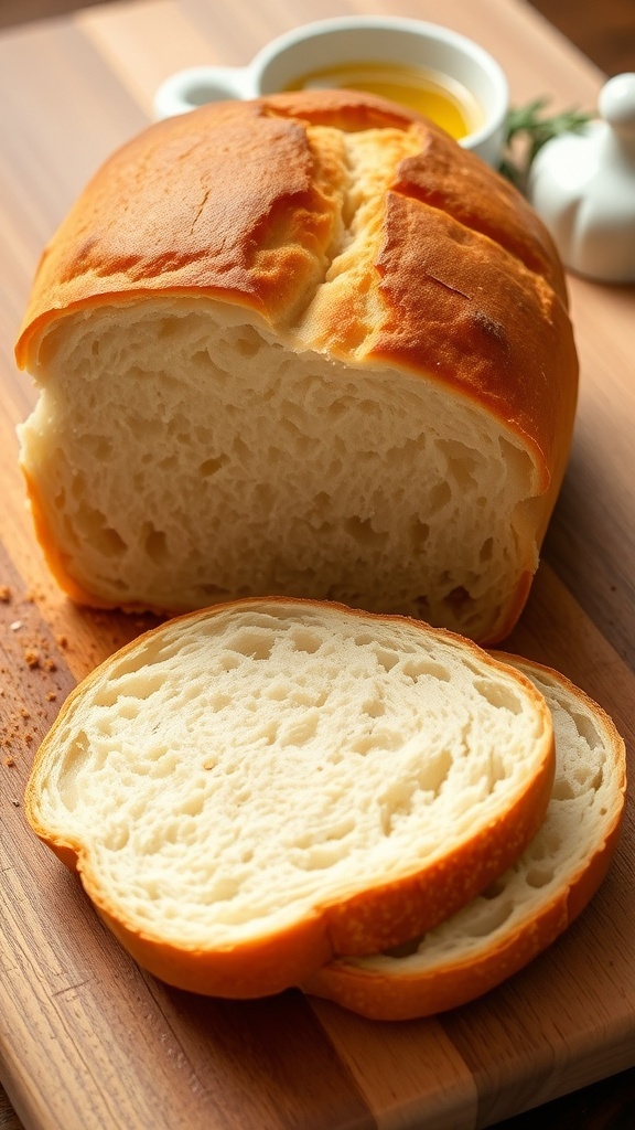 Homemade No-Milk Sandwich Bread Recipe A golden-brown homemade sandwich bread loaf sliced on a cutting board with olive oil in the background.